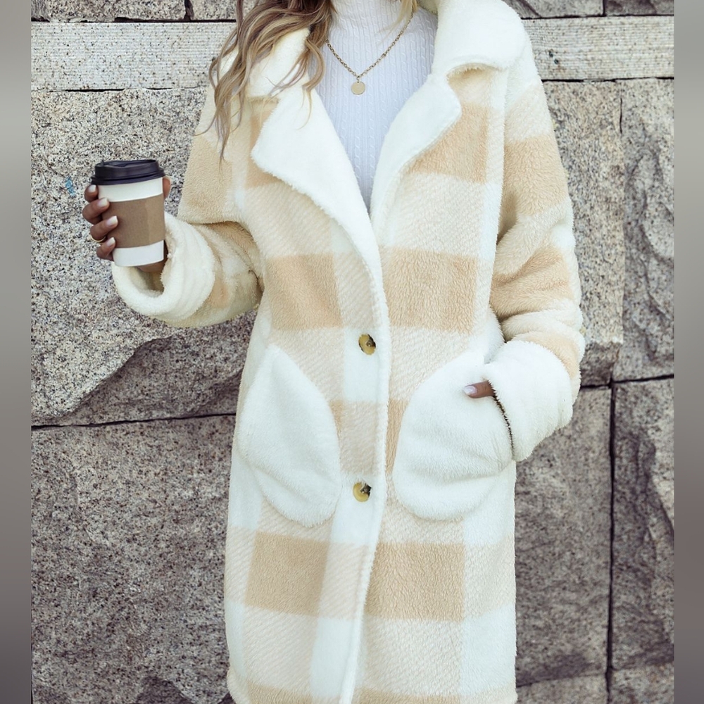 Beige Warm Plaid Button Coat - Picture 6 of 8